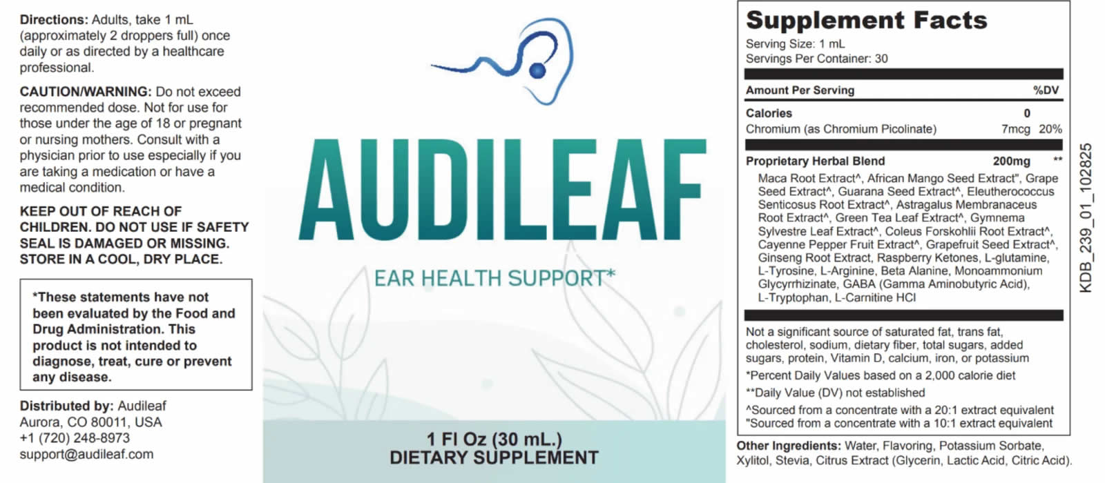 AudiLeaf Supplement Facts Label